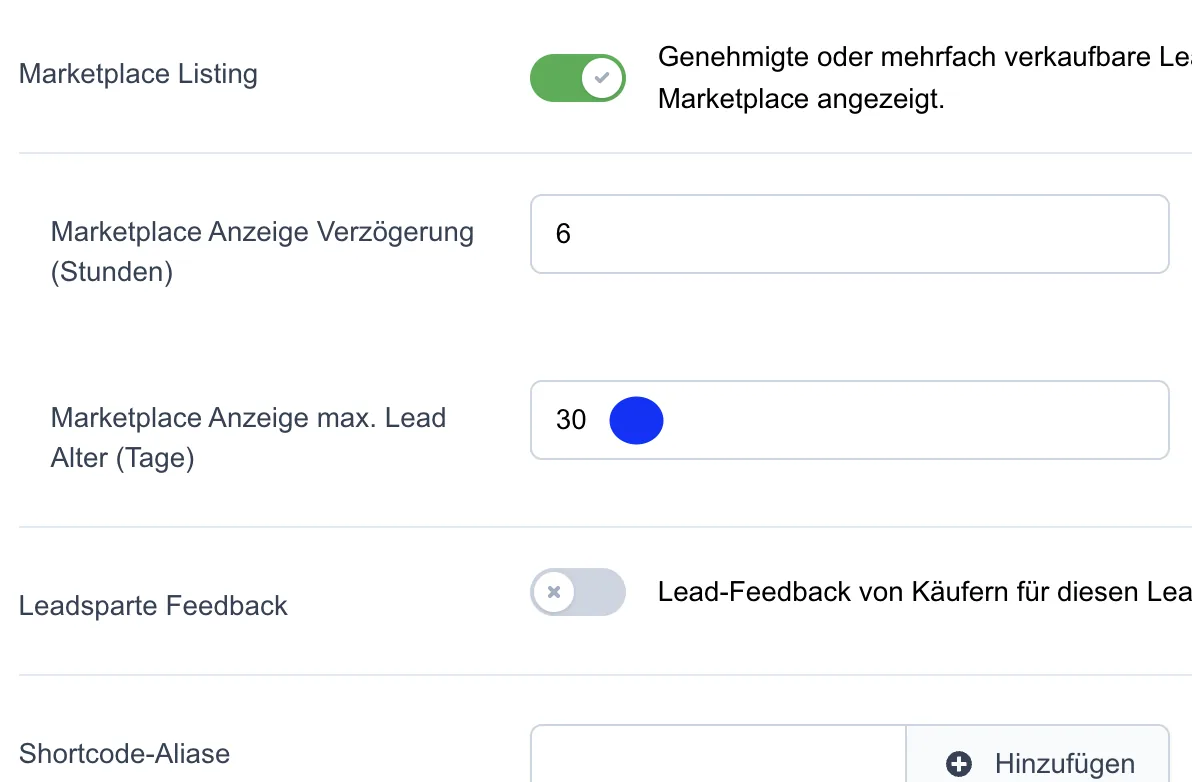 Screenshot: Marktplatz Anzeige Maximales Lead Alter (Tage)