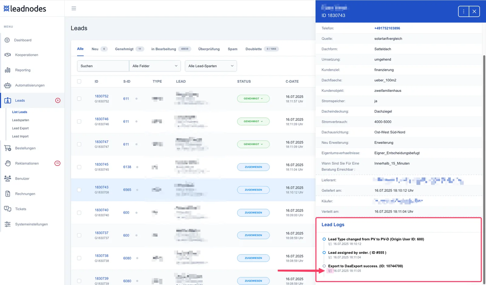 Screenshot: Lead Log-Details
