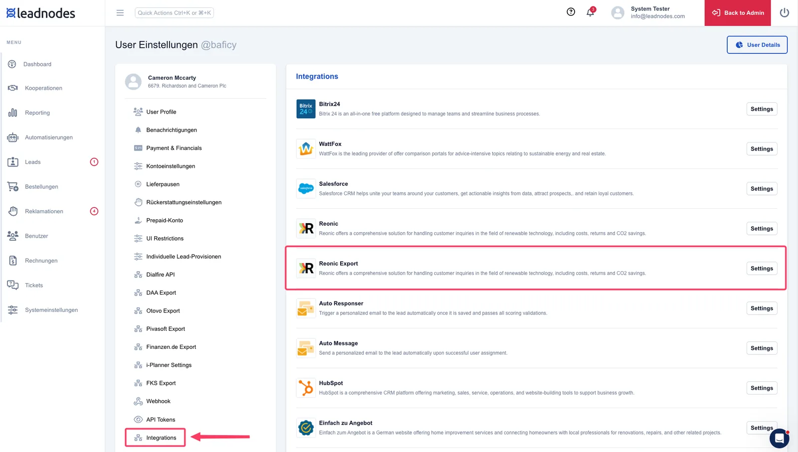 Screenshot: 2. Integration öffnen
