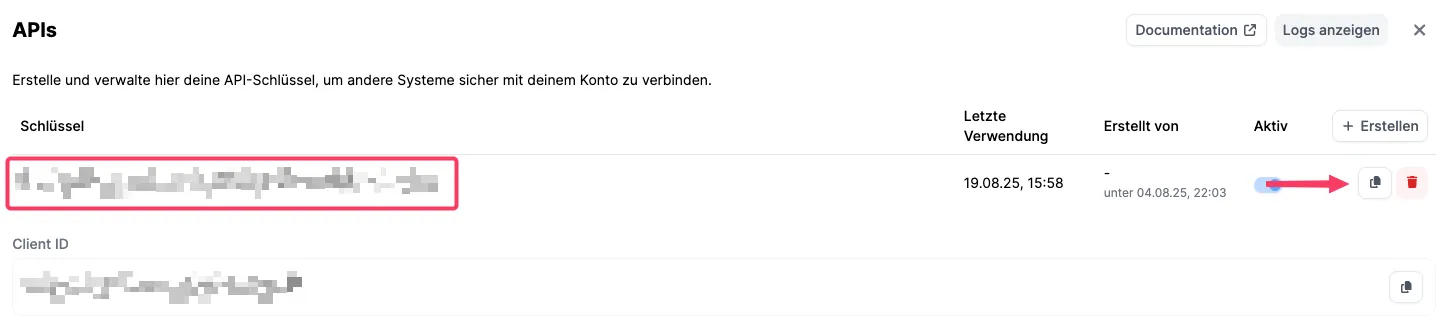 Screenshot: 4. API Key abrufen