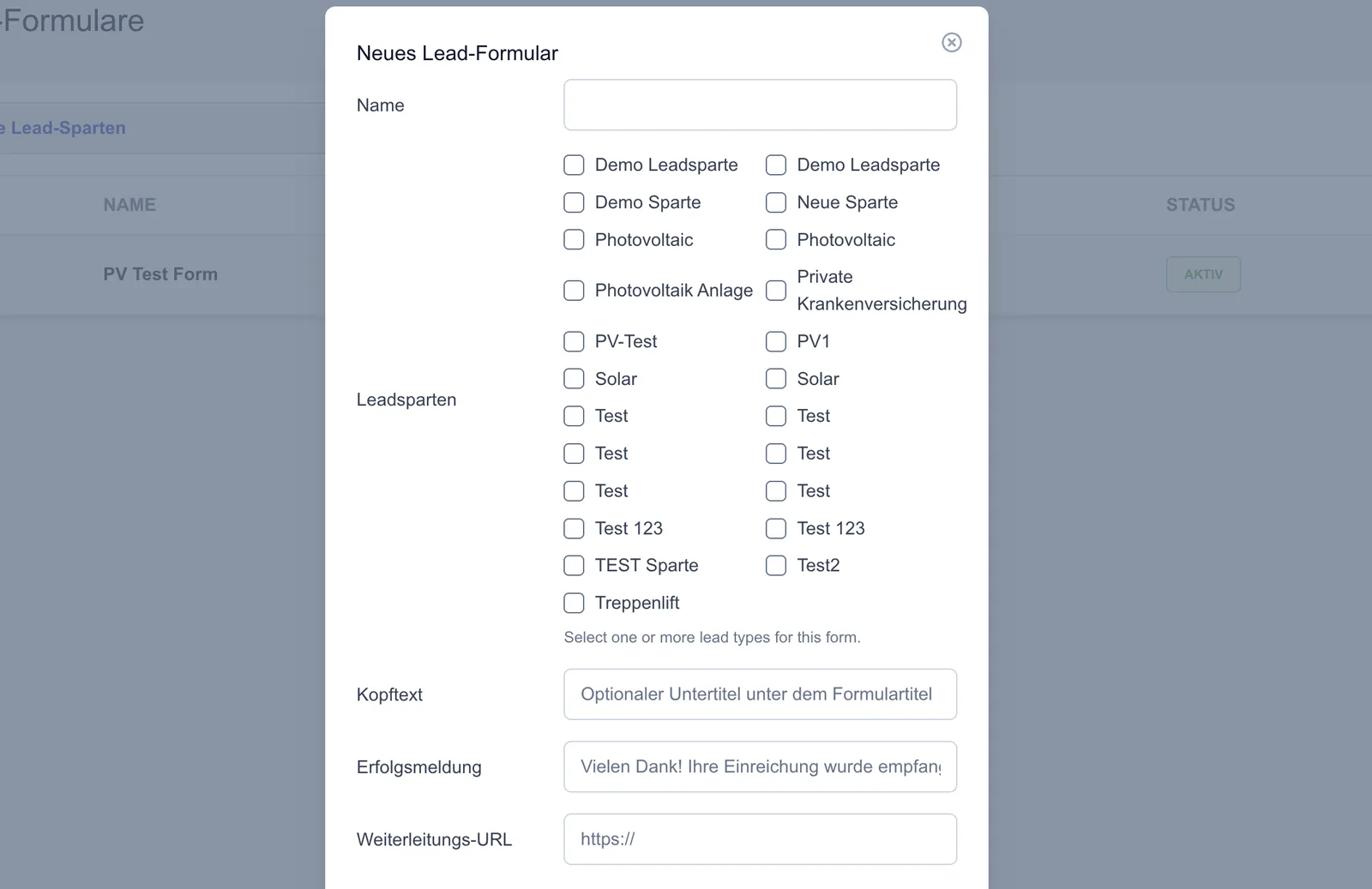Screenshot: Neues Lead-Formular anlegen