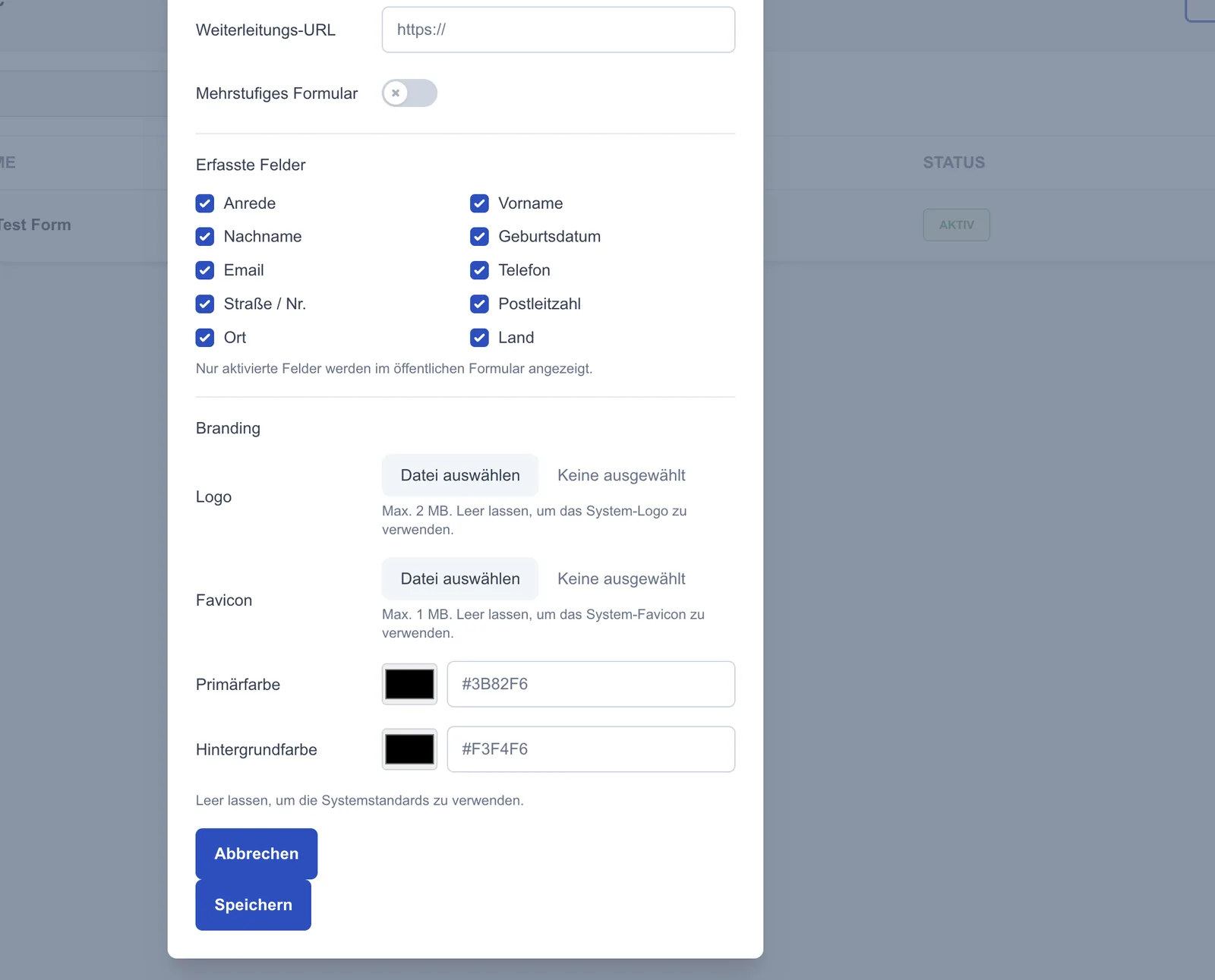 Screenshot: Neues Lead-Formular anlegen