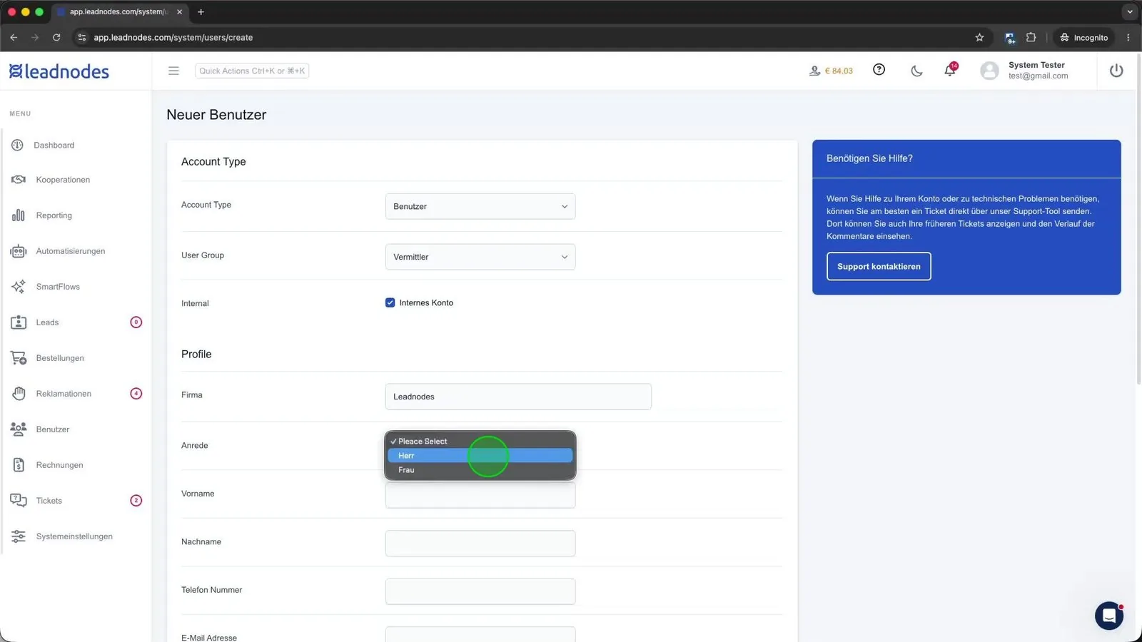 Selecting the salutation for the user