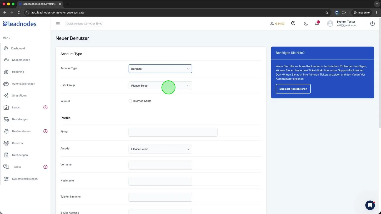 The User Group selection dropdown