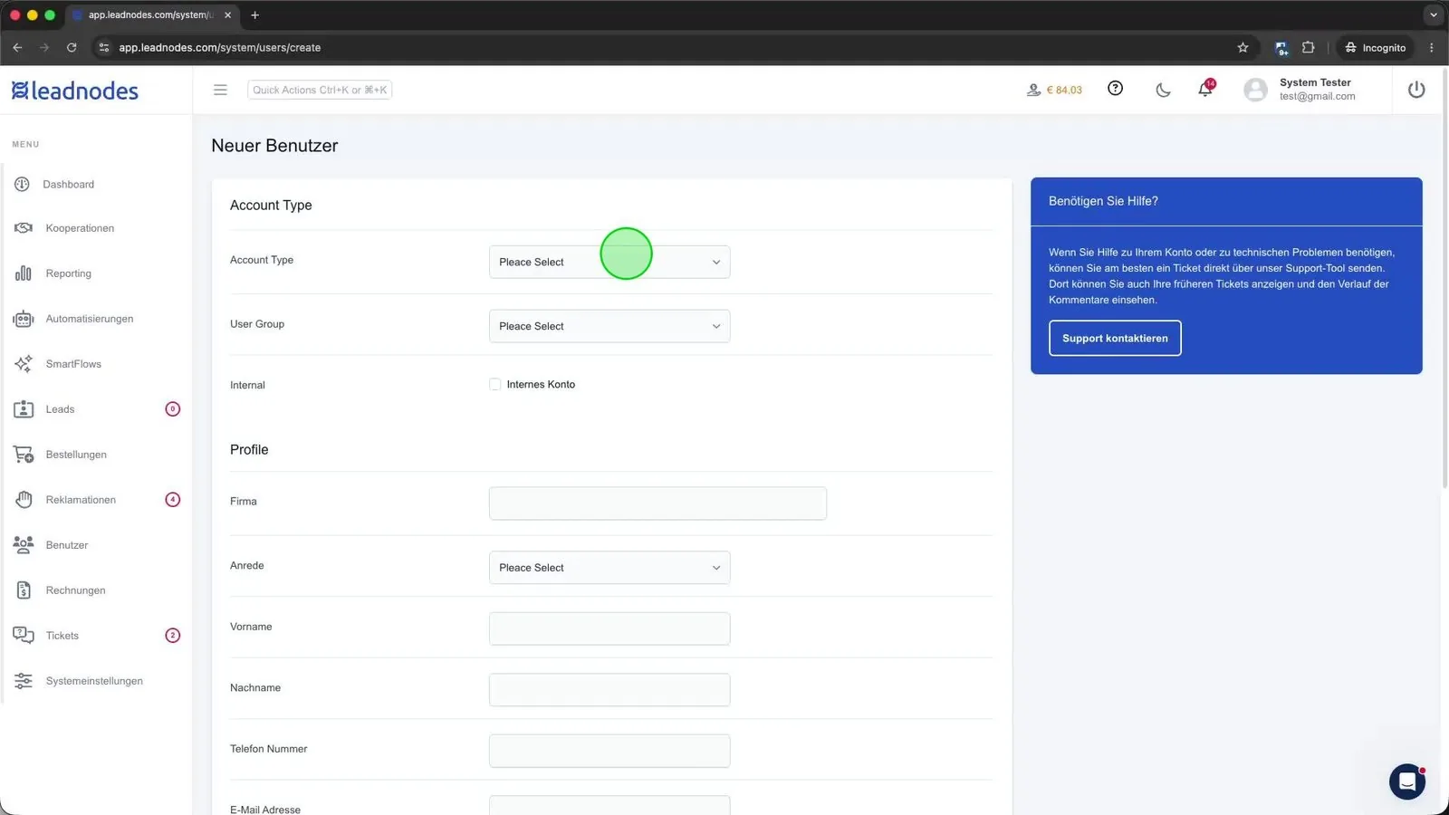 The Account Type dropdown menu in Leadnods